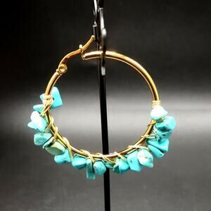 Gold Tone Turquoise Earrings Hoop Dangle BOHO Vintage Birthday Valentines